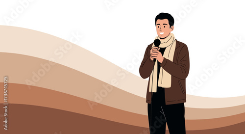 Speaker Holding Microphone Against Layered Background Represents Presentation And Communication