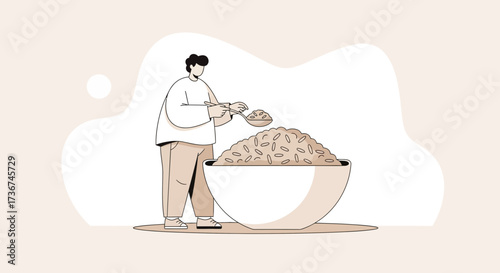 Serving Delicious Rice From a Huge Bowl: Illustration of Everyday Culinary Activity