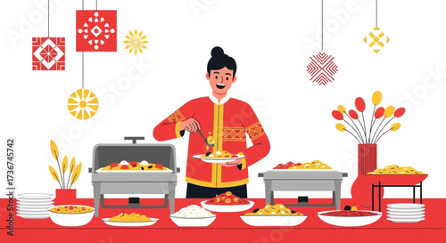 Serving Food At The Buffet: A Vector Illustration Of A Caterer With A Smile