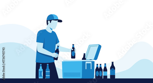 Man Storing Ice Cold Bottles Of Refreshments During Social Gathering And Relaxation