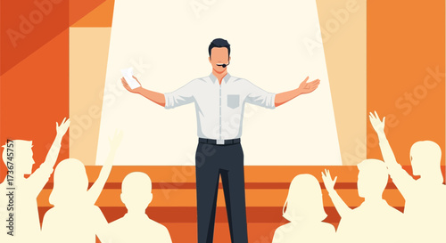 Speaker presenting to an audience at a conference or event, illustration concept art