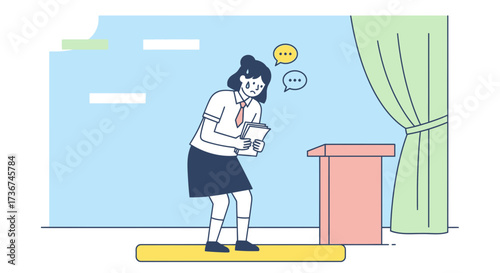 Speech Anxiety: Female Presenter Overwhelmed, Nervous Beside Podium, Facing Public Speaking