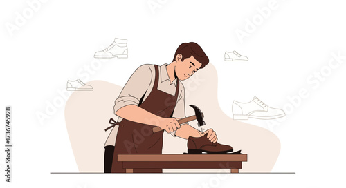 Shoemaker Crafting Leather Shoes, Illustrated Art Depicting Artisan at Work Profession
