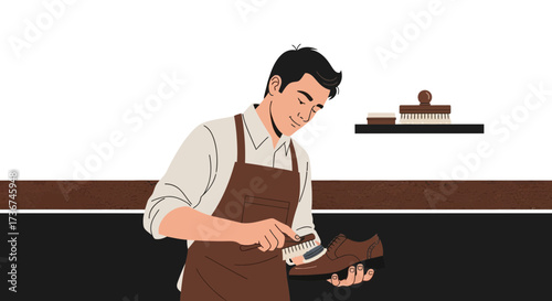 Shoemaker Polishing Leather Shoes in Workshop Environment With Apron and Tools Applied