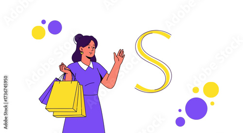 Shopaholic Cheerful Woman With Colorful Shopping Bags And The Big Letter S