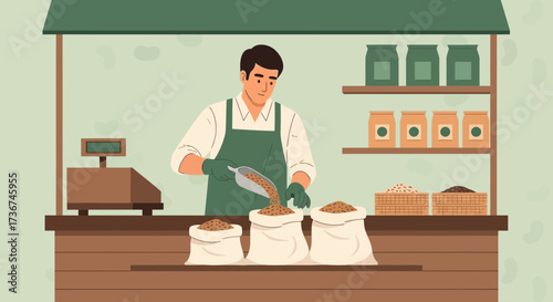 Shopkeeper At The Market Filling Sacks With Grains And Other Dried Goods