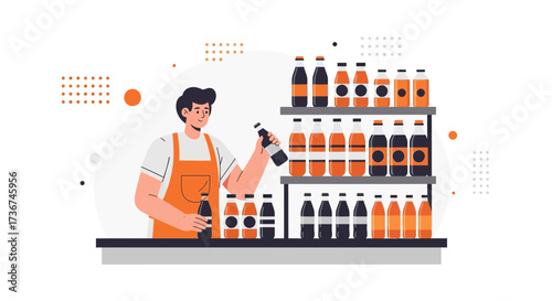 Shopkeeper Organizes A Variety Of Drinks On The Shelves For Beverage Displays Perfectly