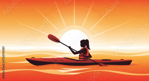 Silhouette kayaking woman paddle sunset over water outdoor adventure illustration