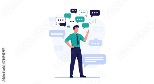 Man surrounded by speech bubbles representing communication, ideas, and discussion