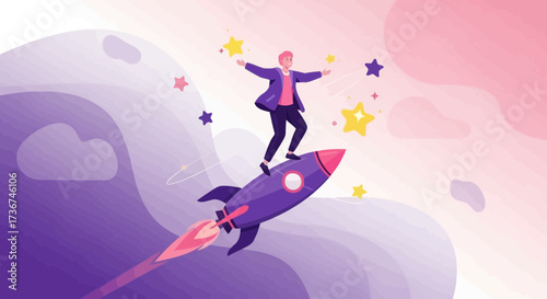 Startup success launch concept man riding rocket reaching for stars in the sky