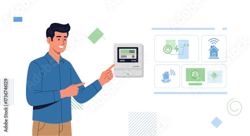 Smart energy meter management and presentation with a person pointing at the screen