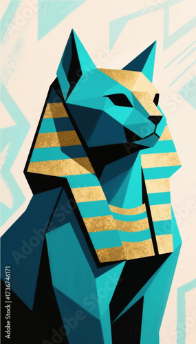 Flat color illustration of a sphinx cat in a pharaoh's robe on an abstract background. Vector graphics. EPS.