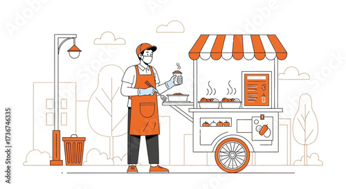 Street Vendor Serving Food Wearing Mask With Cart Selling Hot Food in City Illustration