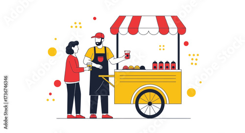 Street vendor selling drinks to a customer at a mobile food cart, vector illustration