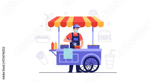 Street Food Vendor Preparing Snacks Under A Colorful Awning During Daytime