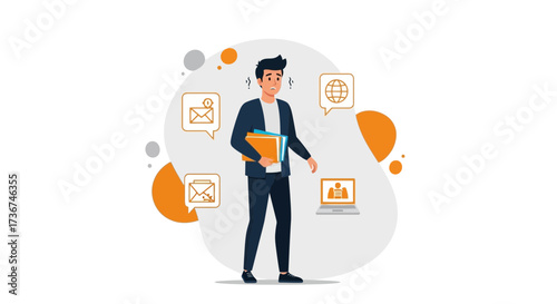 Stressed businessman overwhelmed with work email, internet research, and online meetings work