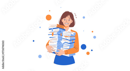 Stressed woman carrying a huge stack of paperwork depicting work overload concept