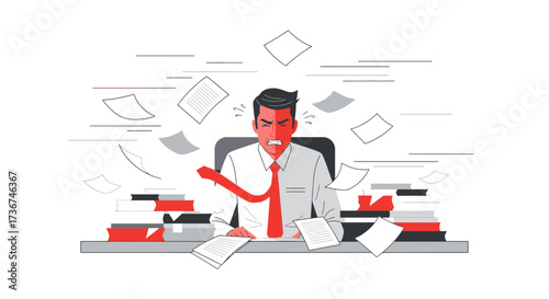 Stressed Businessman Overwhelmed by Workload and Documents Illustration Concept