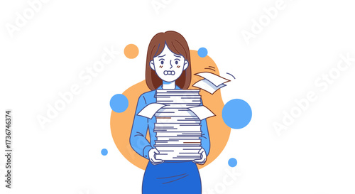 Stressed businesswoman overloaded with paperwork and documents in a cartoon illustration