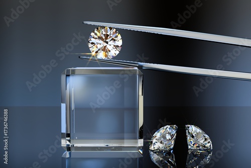 Round brilliant cut diamond in tweezers on crystal cube and two stones on black background