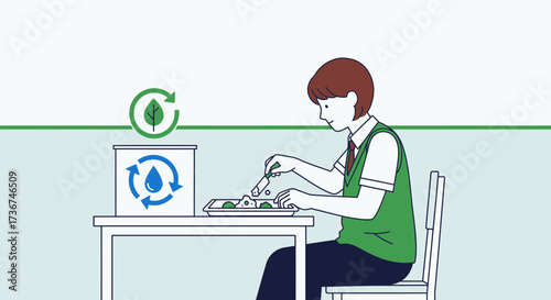 Student Enjoying Meal Near Recycling Symbol and Preparing For Environmentally Friendly Disposal
