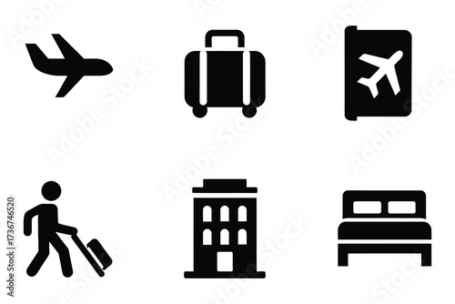 Travel icons set airplane suitcase passport person hotel bed silhouette collection