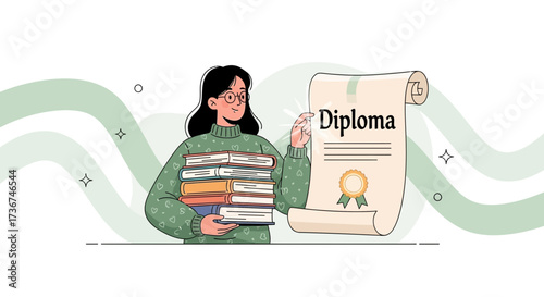 Student Holding Books Celebrates Graduation With Diploma Document Of Completion