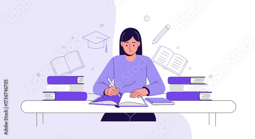 Student Studying and Writing in Books Surrounded by Education Related Objects