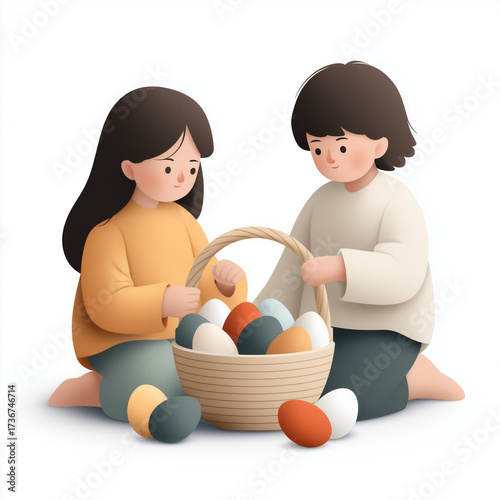 Siblings playing with Easter eggs from basket on white background  