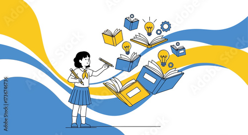 Student Unleash Creative Potential, Books Reveal Knowledge with Pencils and Lightbulbs