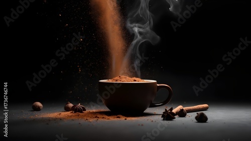 Dark Moody Hot Cocoa: Falling Powder and Steam Rising from Mug on Black Background
