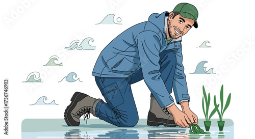 Man tending to plants next to water with waves, cartoon illustration