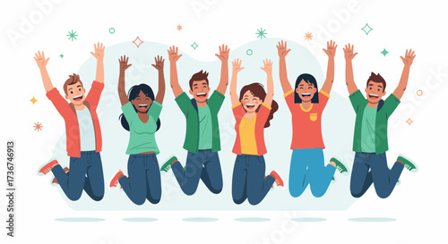 Happy Friends Jumping Together in Celebration