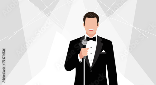 Stylish Performer Holding Microphone On Stage Against Abstract White Background Design