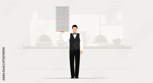 Stylish Server Balancing Numerous Plates in A Refined Restaurant Setting, Minimalist Design