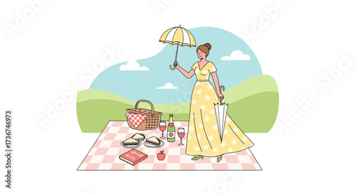 Stylish Woman Enjoying Relaxing Picnic Outdoors On A Sunny Day With Umbrella