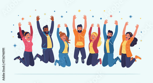 Happy Friends Jumping Together in Celebration