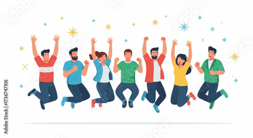 Happy Friends Jumping Together in Celebration