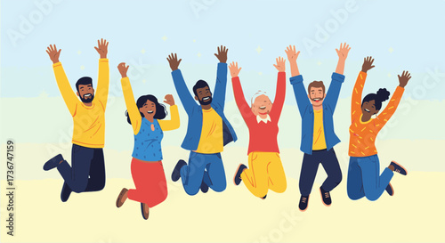 Happy Friends Jumping Together in Celebration