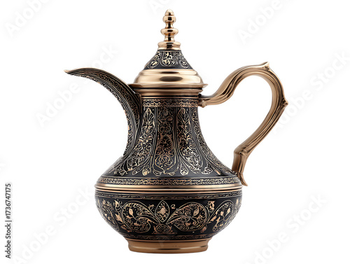 Ornate antique copper arabic dallah coffee pot with intricate patterns isolated on transparent background