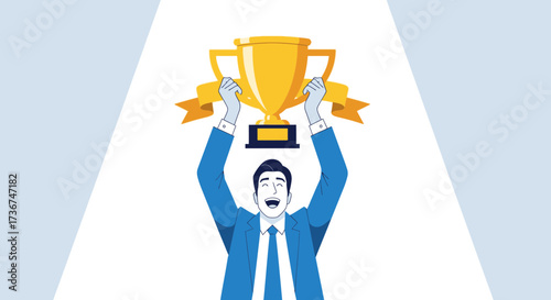 Success Achievement: A Victor Celebrating with a Cup Trophy and Happy Demeanor