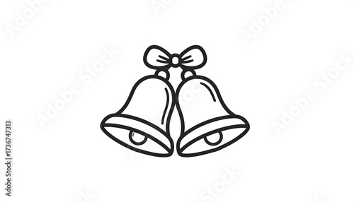 Two simple, outlined bells with decorative bows hang on a white background.