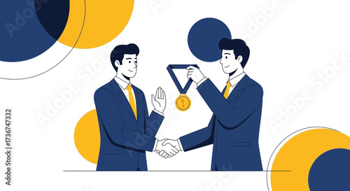 Success And Recognition: Two Businessmen Celebrate Achievement With A Gold Medal
