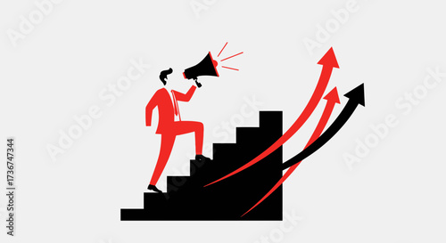 Success Announcement: Business Leader Ascending Stairs with Megaphone, Rising Arrow Graphic