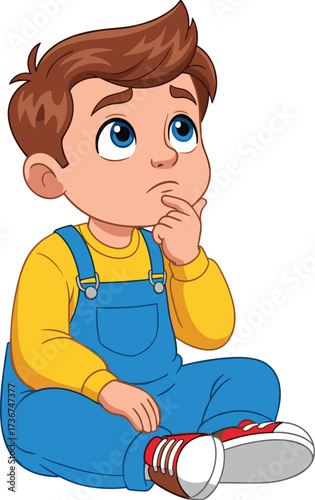 Cartoon boy sitting on floor, thinking and wondering expression, cute child character illustration, thoughtful kid, childhood imagination, education, school concept, vector design