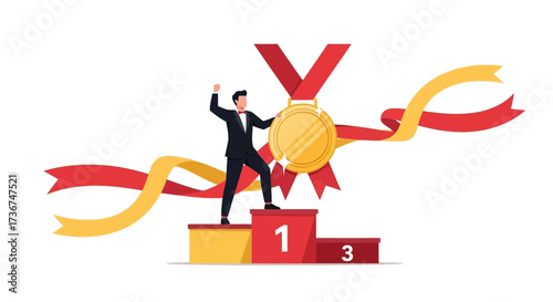 Success Icon: A Celebrating Winner Achieving First Place With Gold Medal Award