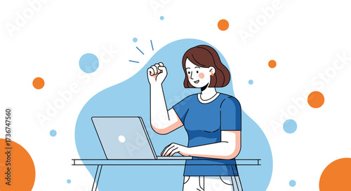 Success Of Woman Using Laptop Celebrating, Achieving Goals, Happy And Proud, Modern Style