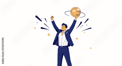 Success Reached Businessman Holding Coin, Celebrating Milestone, Financial Achievement Is Shown