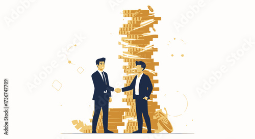 Successful Agreement Between Investors Represented With Figures Shaking Hands Next To Stacked Coins
