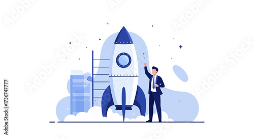 Successful Business Launch: A Man Stands Proudly Before His Rocket Ready For Takeoff